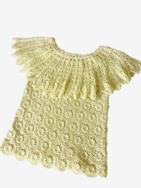 Vintage Yellow Crochet Top with Ruffle Collar / size Small